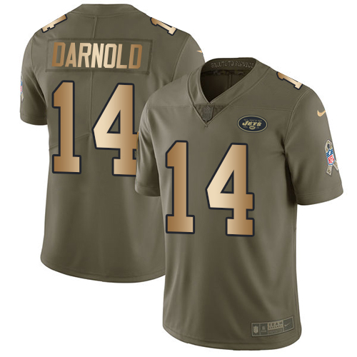 Nike Jets #14 Sam Darnold Olive/Gold Men's Stitched NFL Limited Salute To Service Jersey - Click Image to Close